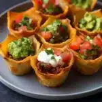 Delicious homemade Taco Cups served on a platter with toppings