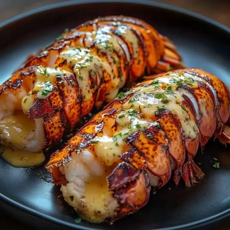 Deliciously baked lobster tails garnished with herbs and lemon slices