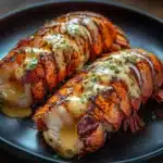 Delicious baked lobster tails garnished and ready to serve.