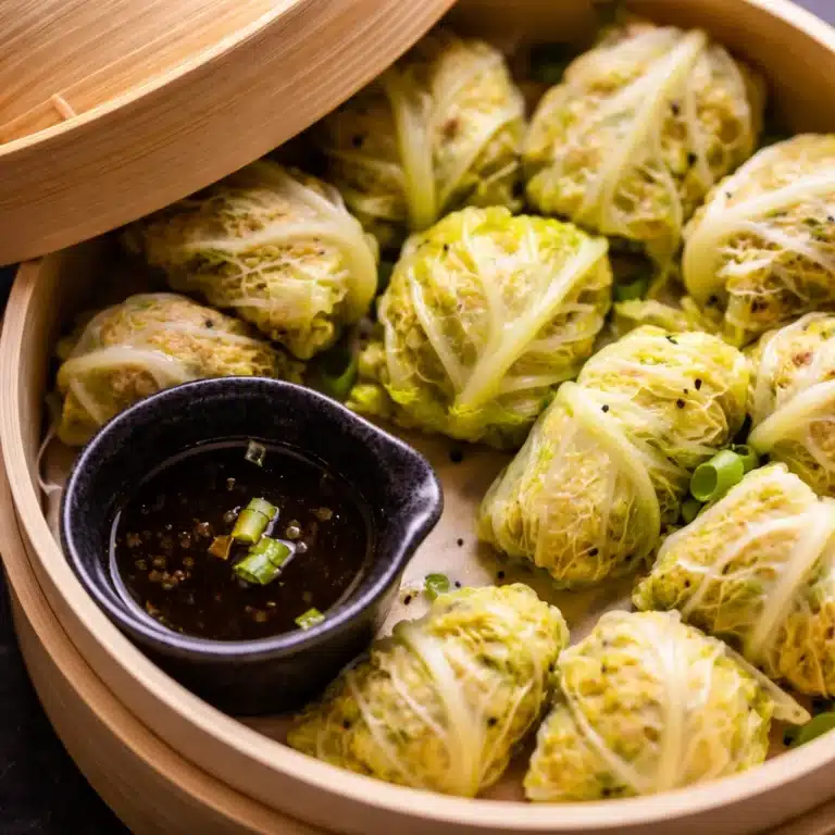 Pork cabbage dumplings served on a plate with dipping sauce