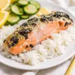 Delicious furikake salmon fillet topped with crispy furikake seasoning and served with rice