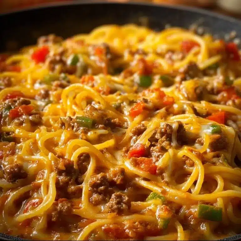 Delicious cheesy spaghetti with Rotel pepper sauce and melted cheese
