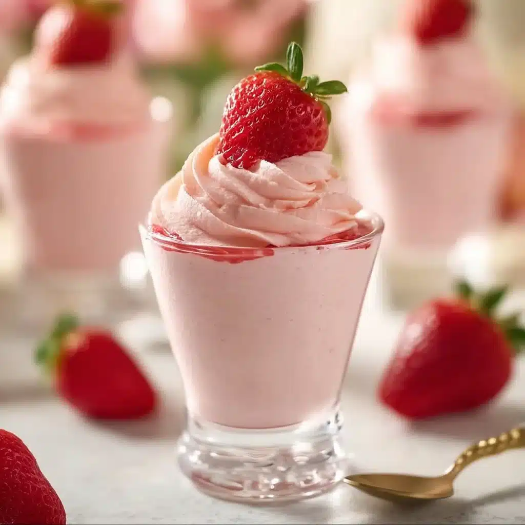 Creamy Strawberry Mousse 5 Delicious creamy strawberry mousse served in a glass with fresh strawberries