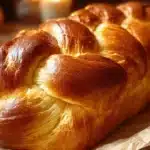 Homemade vanilla orange braided Easter bread on a festive table.