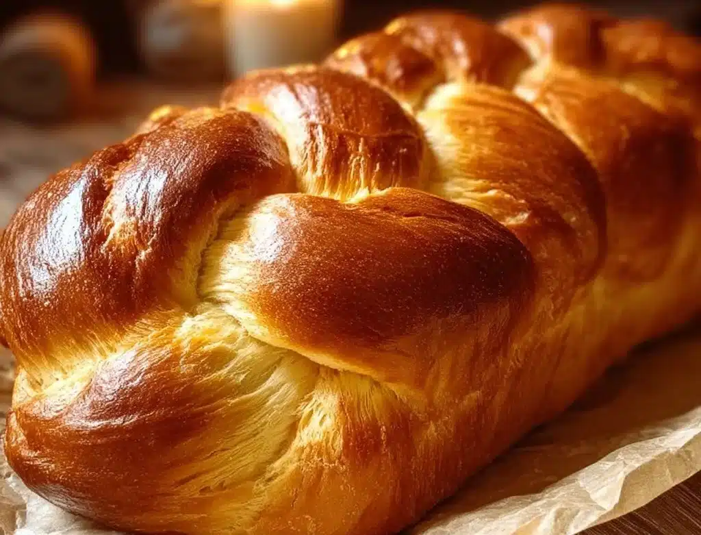Homemade vanilla orange braided Easter bread on a festive table.