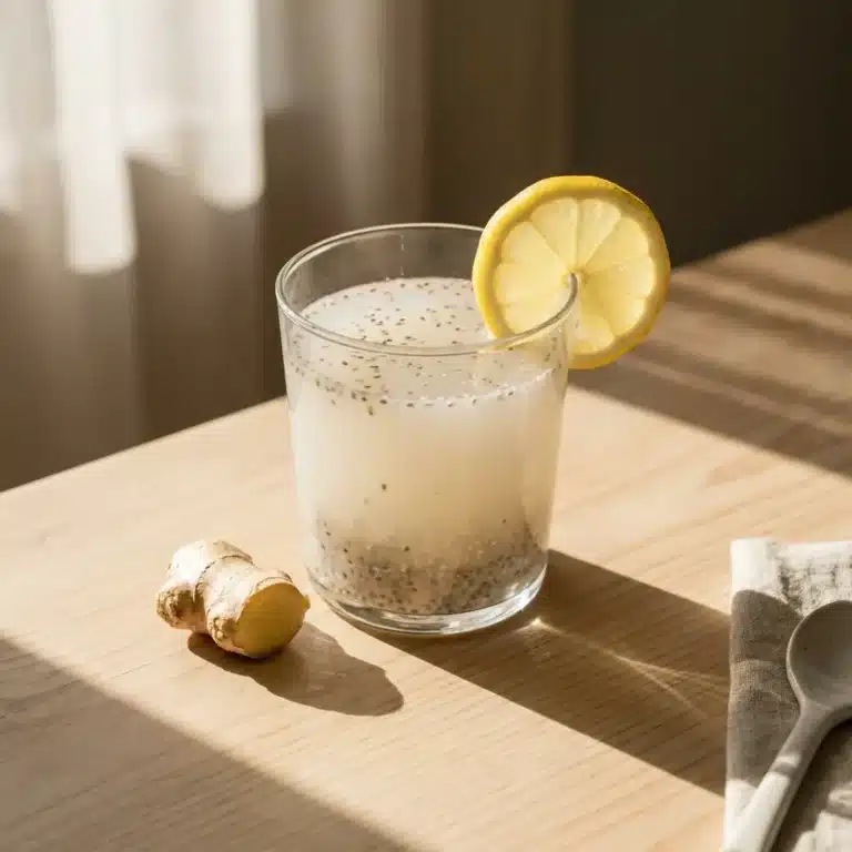 4-ingredient natural GLP-1 drink in a clear glass with oat water, chia seeds, lemon, and ginger on a light Nashville kitchen counter with morning light