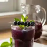 Cup of antioxidant rich blueberry green tea with fresh blueberries on a table