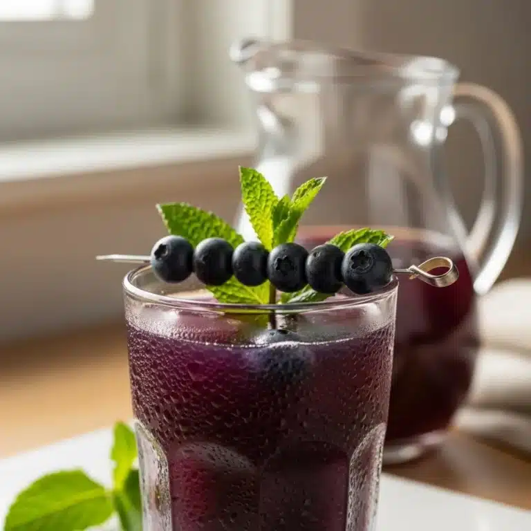 Cup of antioxidant rich blueberry green tea with fresh blueberries on a table