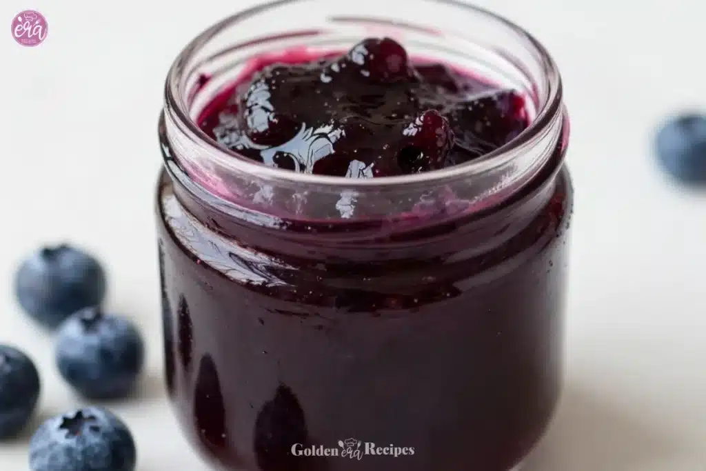 A bottle of blueberry coffee syrup poured over a cup of coffee