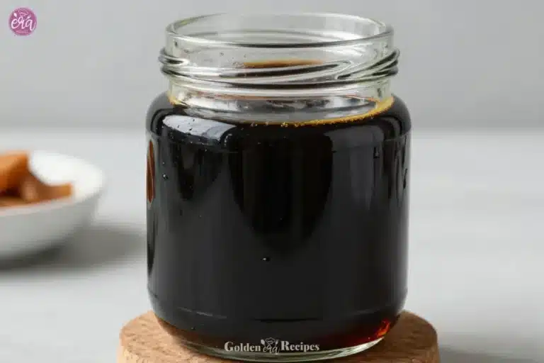 Brown sugar syrup in a glass jar with a spoon, ideal for sweetening dishes