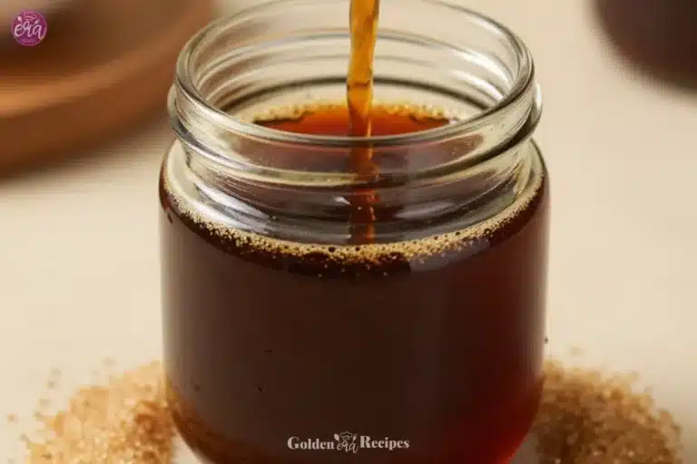 Homemade Brown Sugar Syrup in a jar with a spoon