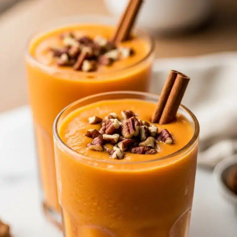 Delicious carrot cake smoothie in a glass topped with whipped cream and carrot shavings.