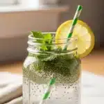 A refreshing glass of chia water topped with lemon and mint leaves