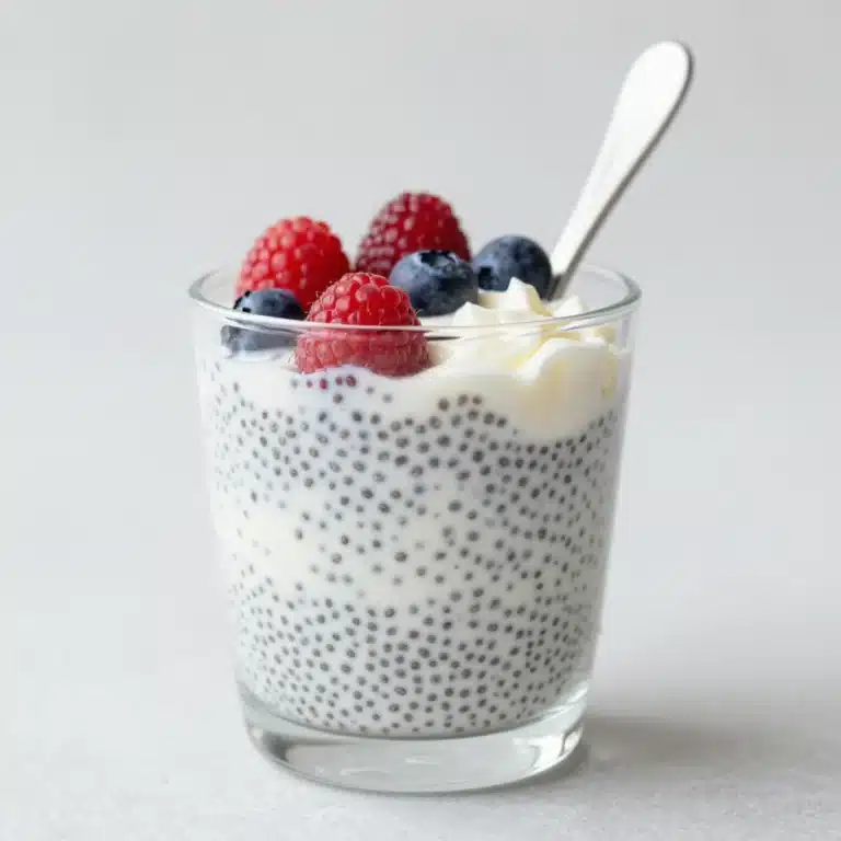 Low sugar Coconut Cream Chia Pudding in a glass topped with fresh fruit