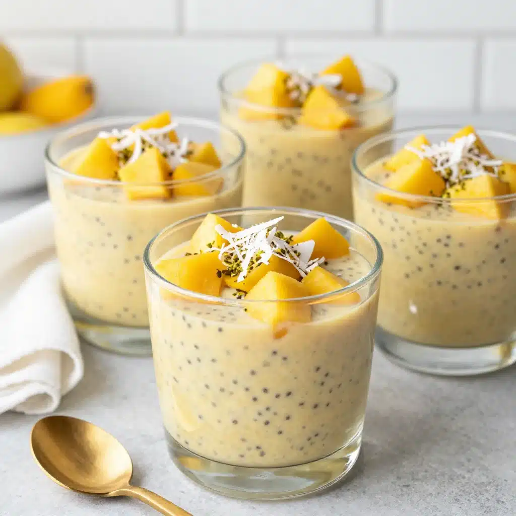 Creamy mango coconut chia pudding in a bowl, topped with fresh mango slices.