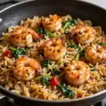 Creamy shrimp orzo with lemon garnished with parsley on a white plate