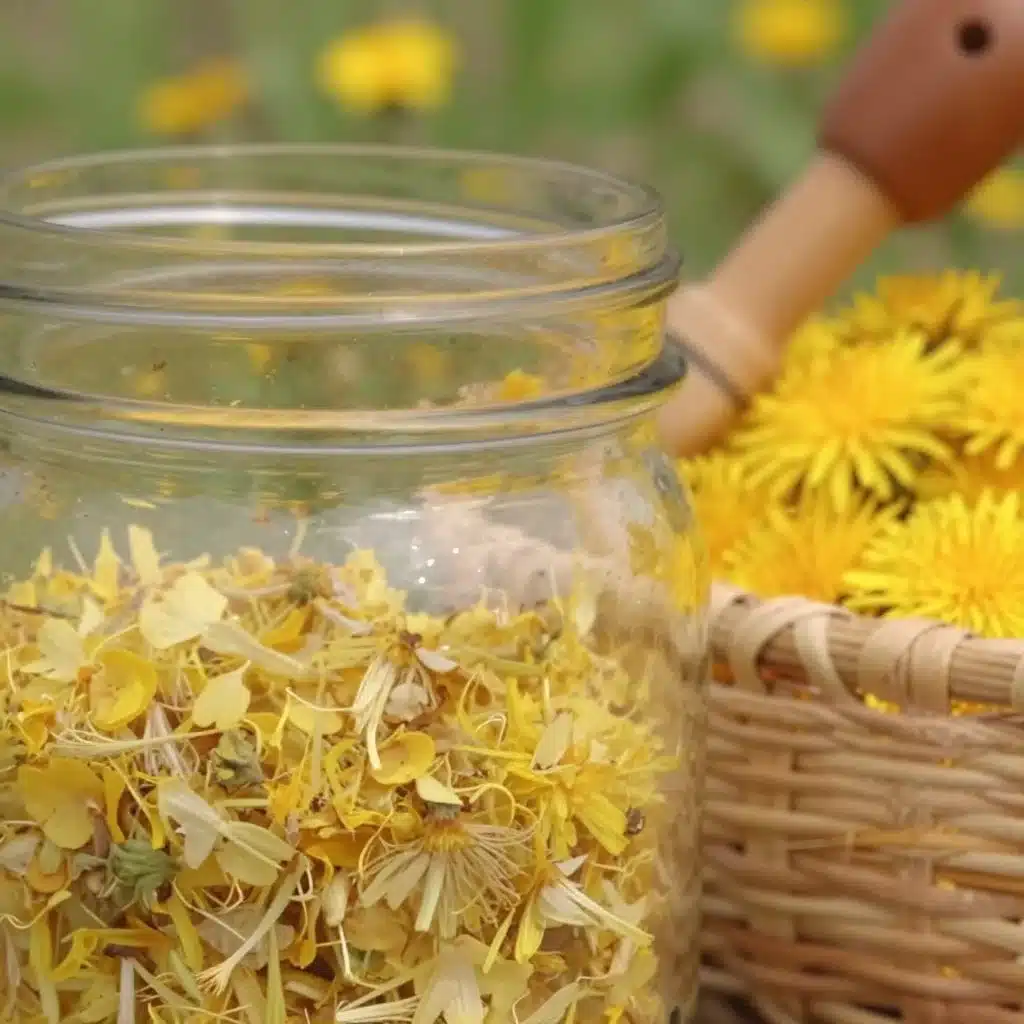 A jar of homemade dandelion flower jelly on a wooden table.