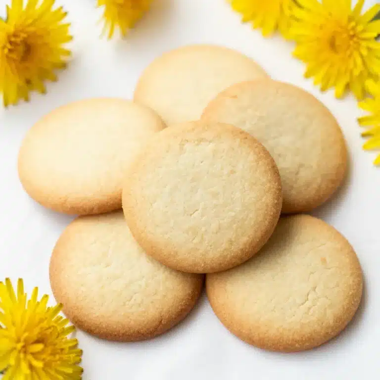 Dandelion Shortbread Cookies with floral accents on a wooden surface