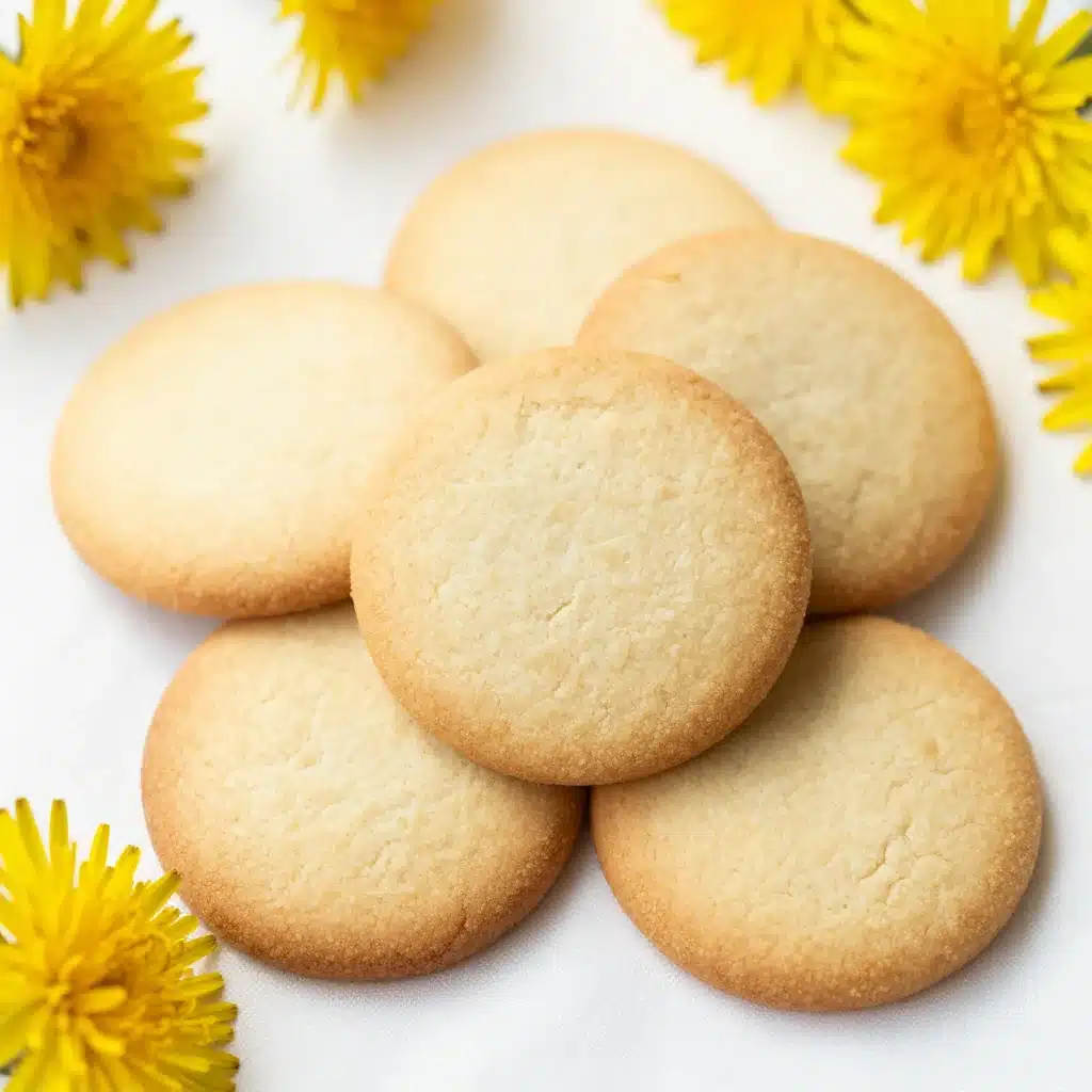 Dandelion Shortbread Cookies with floral accents on a wooden surface
