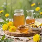 Homemade dandelion syrup in a jar, ready for canning and use in recipes