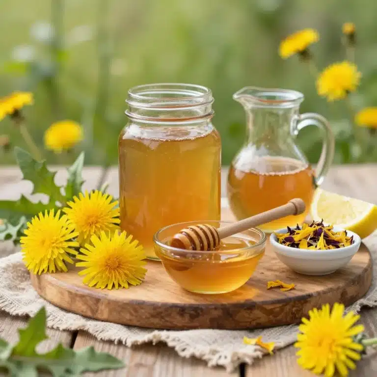 Homemade dandelion syrup in a jar, ready for canning and use in recipes