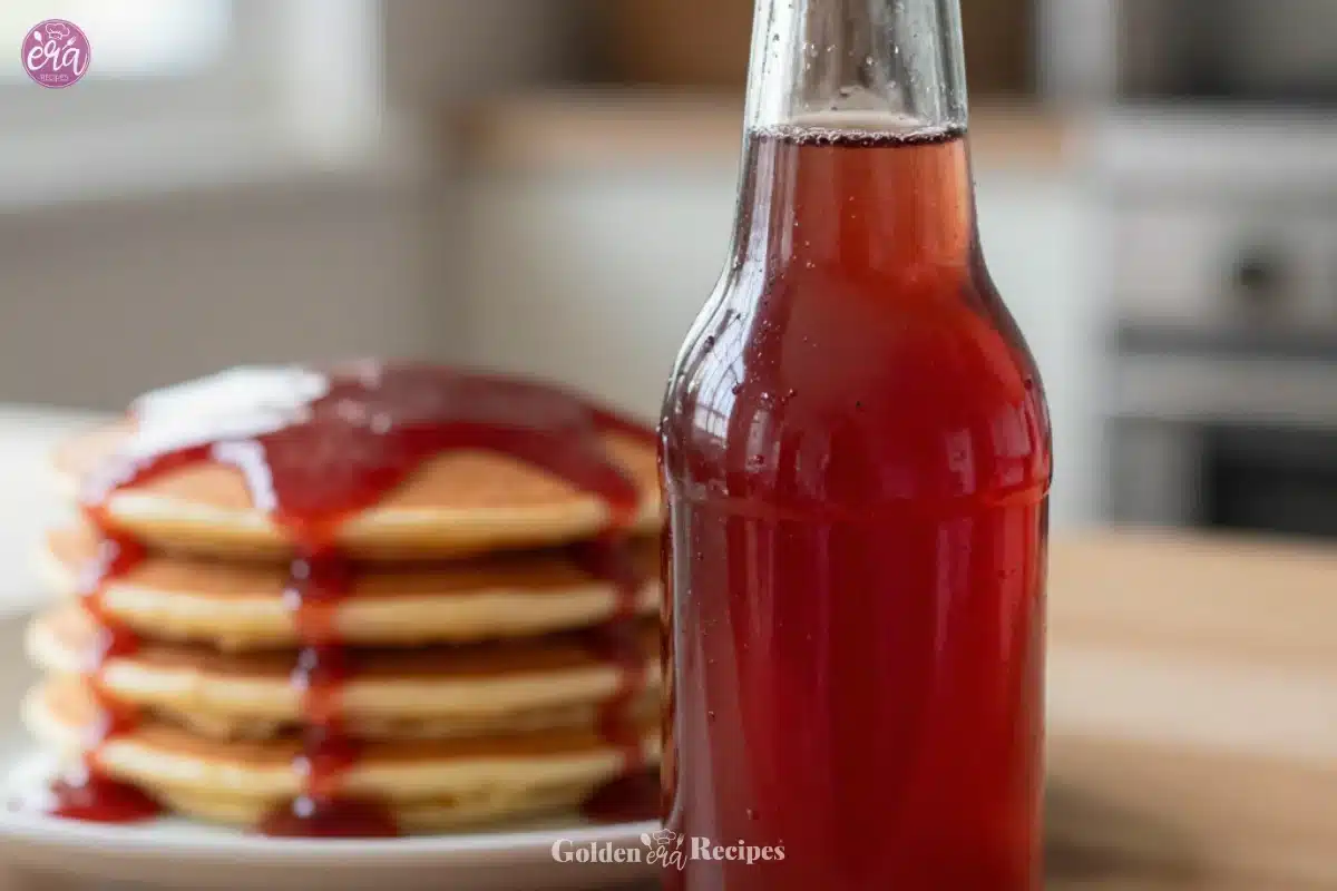 Homemade delicious strawberry syrup in a glass jar with fresh strawberries