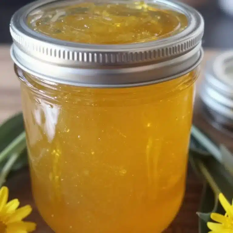 A jar of homemade dandelion jelly on a wooden table with dandelion flowers.