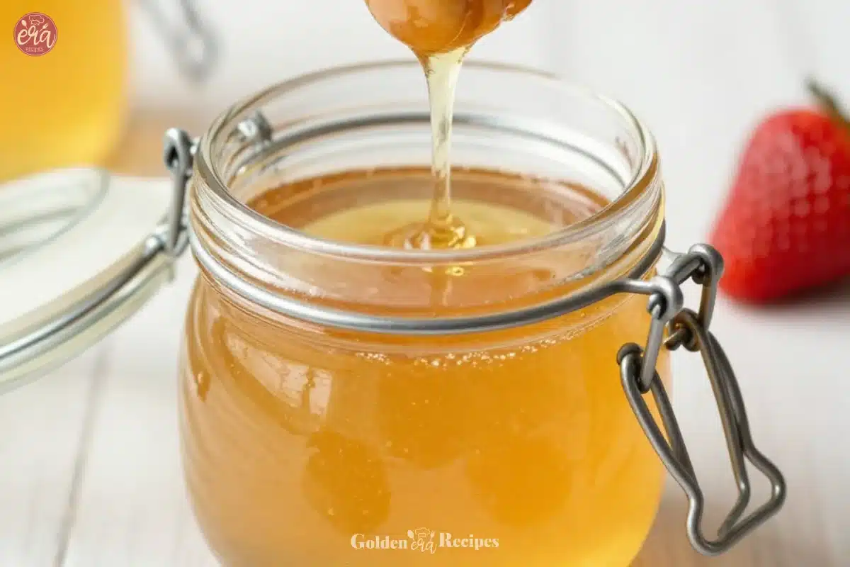 Bottle of Dutch Honey Syrup with a drizzle on a wooden spoon