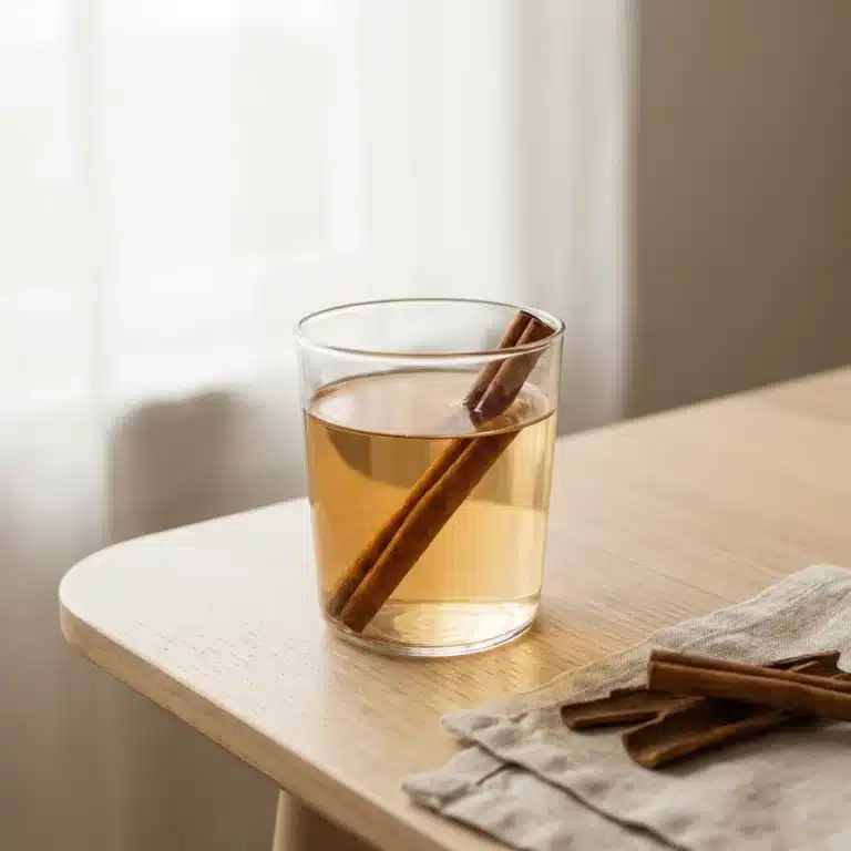 A glass of easy cinnamon water with a cinnamon stick garnish, showcasing a refreshing beverage.