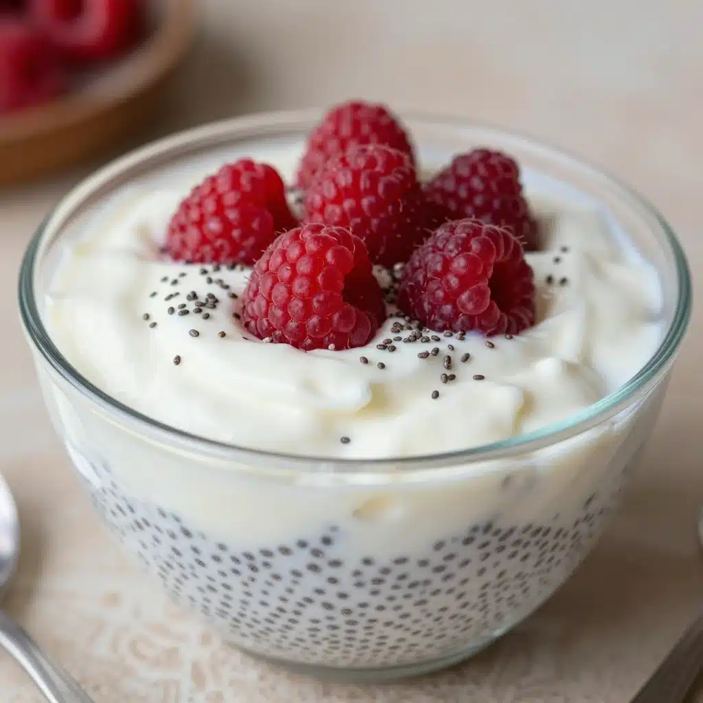 A bowl of easy vanilla chia pudding topped with fresh fruit and nuts