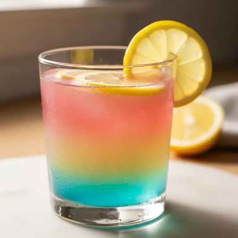 Colorful Enchanted Unicorn Lemonade in a glass with decorative elements