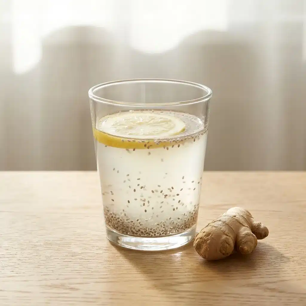 Finished natural GLP-1 drink in a clear glass with chia seeds visible, a thin lemon slice on the rim, and a small piece of fresh ginger root alongside on a wooden surface in morning light