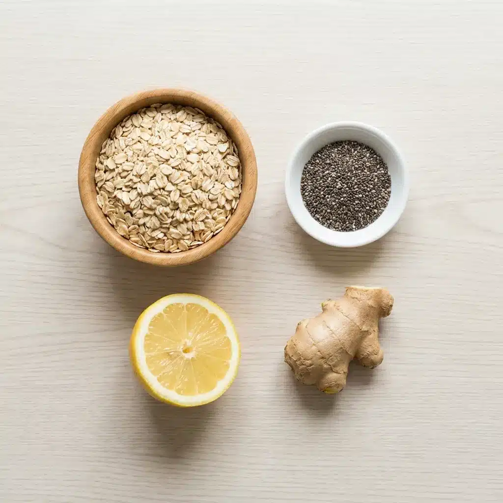Four ingredients for natural GLP-1 drink laid out on a wooden surface: a small jar of rolled oats, a tablespoon of chia seeds, a halved lemon, and a piece of fresh ginger root