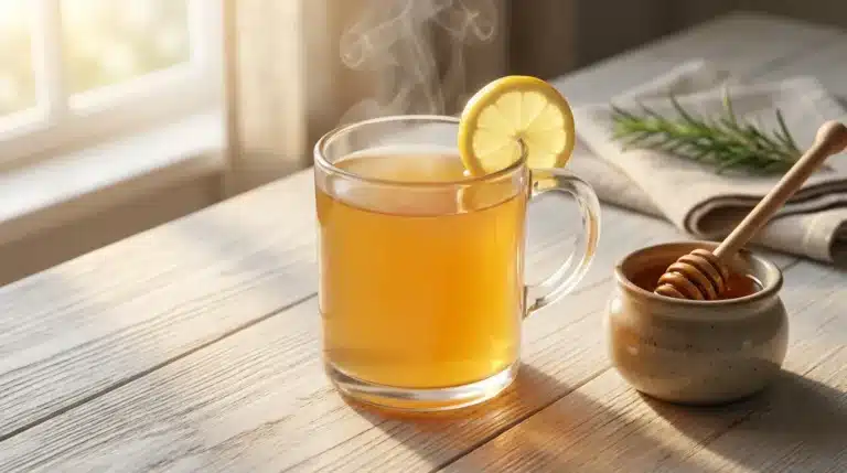 Warm gelatin and apple cider vinegar weight loss drink in a clear glass mug on a wooden Nashville kitchen counter with morning light