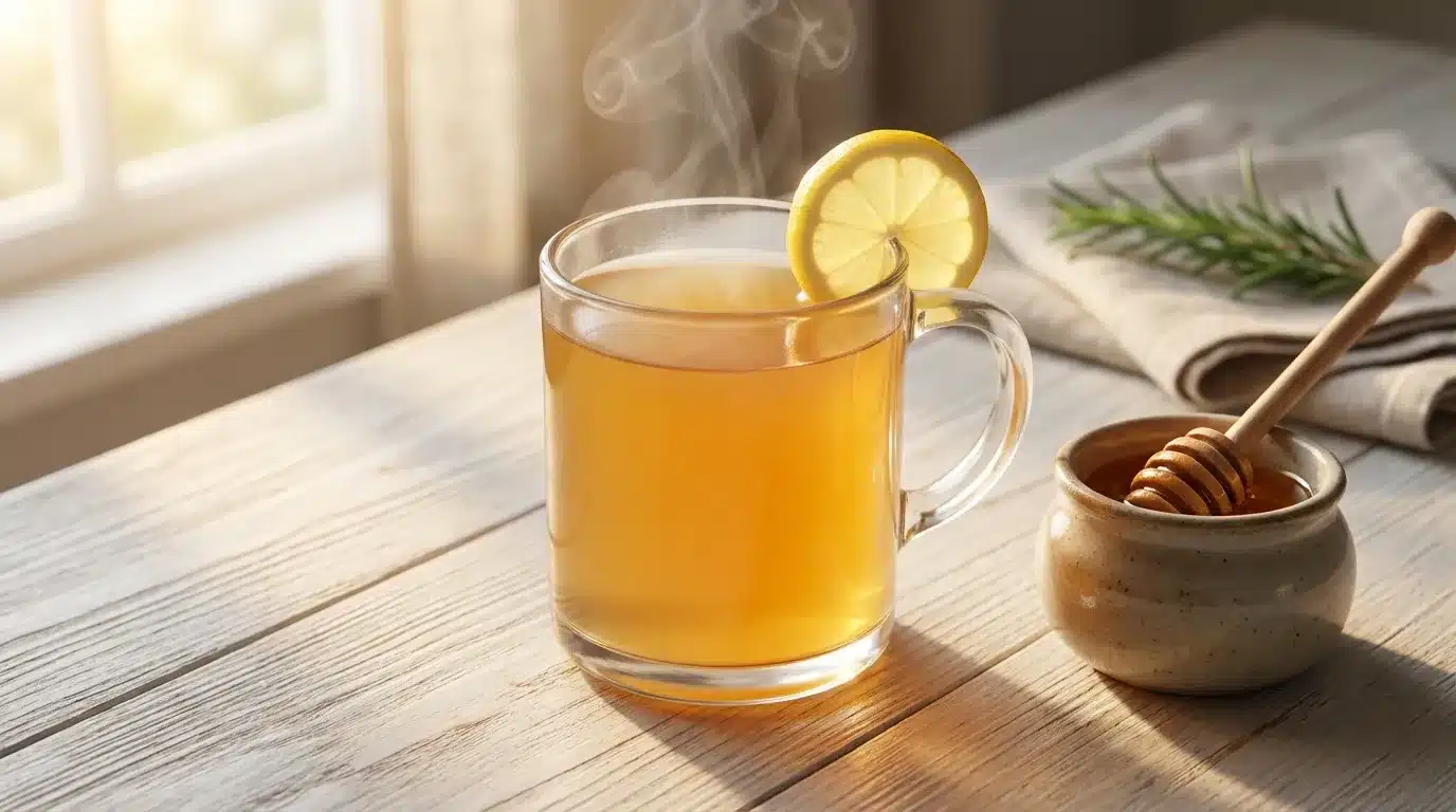 Gelatin and ACV Weight Loss Drink Recipe 5 Warm gelatin and apple cider vinegar weight loss drink in a clear glass mug on a wooden Nashville kitchen counter with morning light