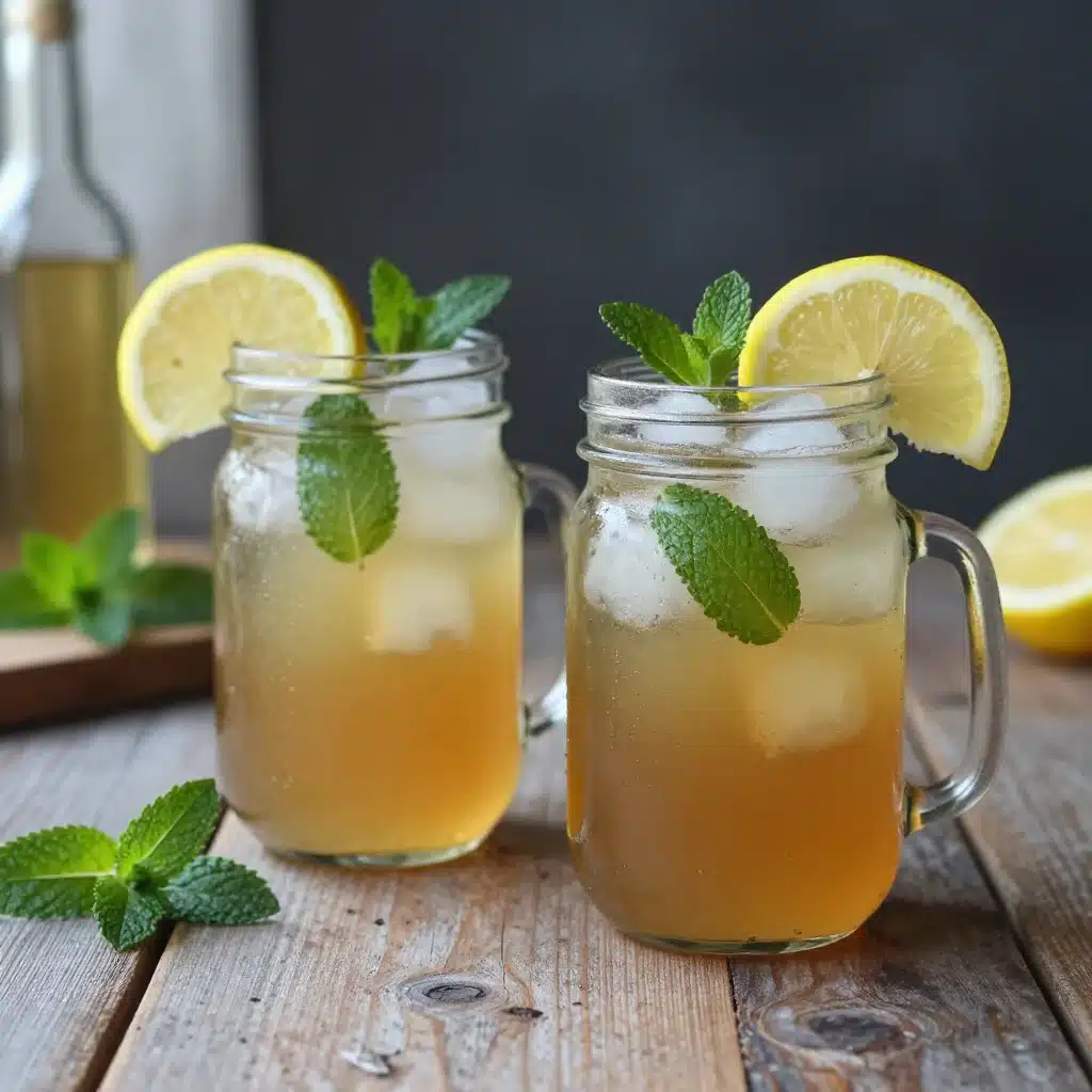 A refreshing glass of iced herbal nettle tea with herbs in the background