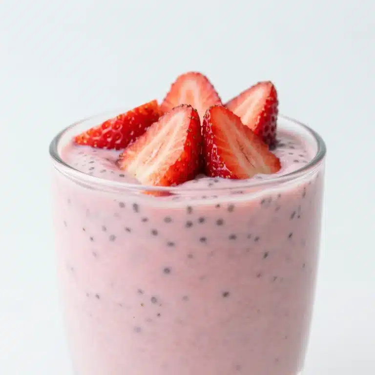 High-protein strawberry chia seed pudding in a glass bowl topped with berries.