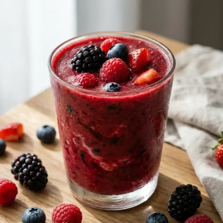 Homemade berry fat burning smoothie in a glass with fresh berries