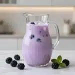 Homemade blackberry coconut pink drink in a glass with fresh blackberries and coconut