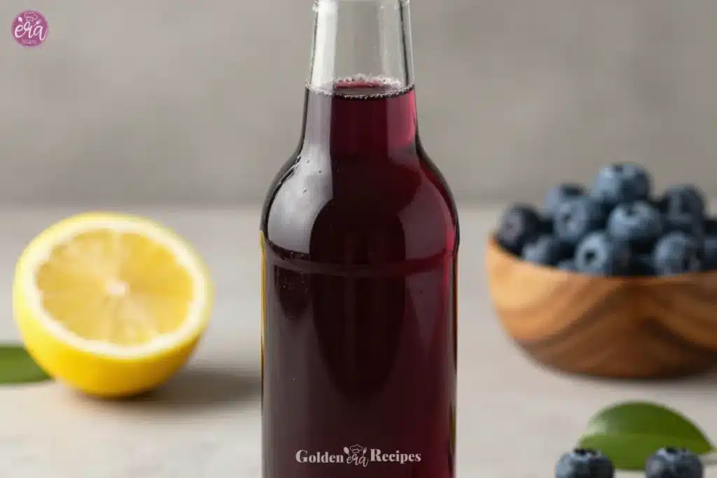 Homemade Blueberry Syrup 1 Homemade blueberry syrup drizzled over pancakes on a plate