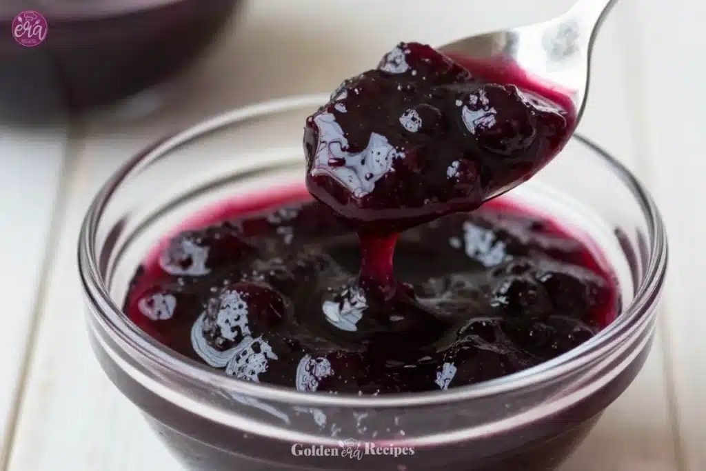 Homemade blueberry syrup in a glass jar with fresh blueberries