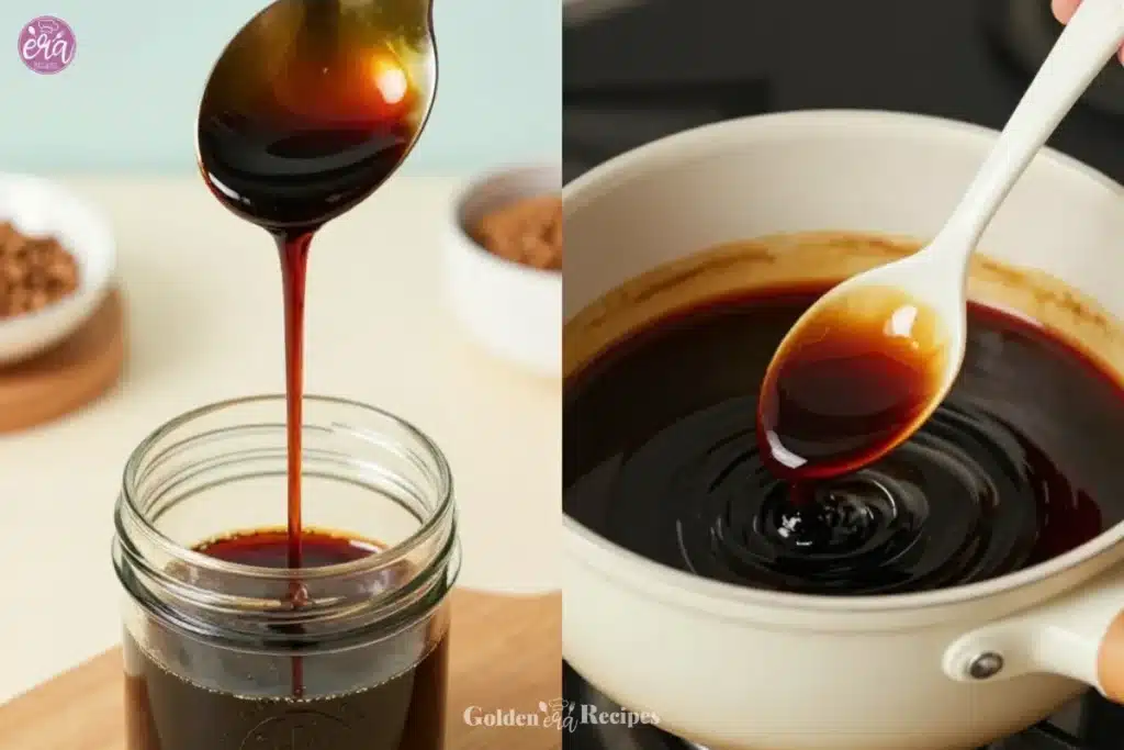 Homemade brown sugar coffee syrup in a glass bottle with a coffee cup.