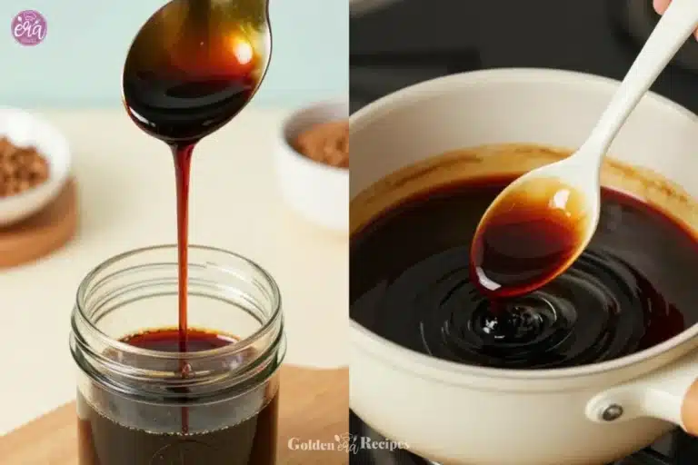 Homemade brown sugar coffee syrup in a glass bottle with a coffee cup.