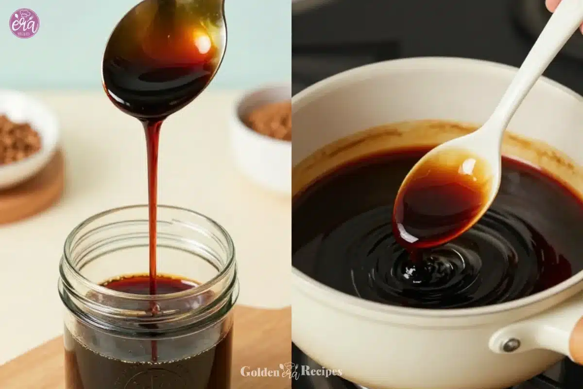 Homemade brown sugar coffee syrup in a glass bottle with a coffee cup.