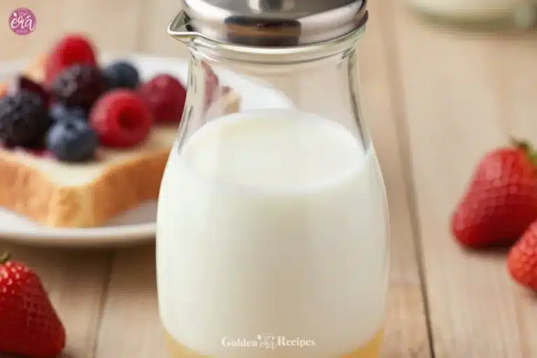 A bottle of homemade buttermilk syrup drizzled over pancakes on a plate.