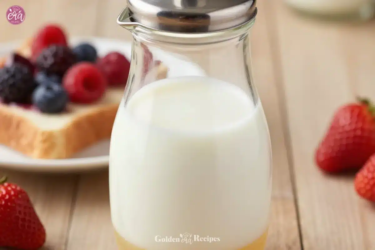 A bottle of homemade buttermilk syrup drizzled over pancakes on a plate.