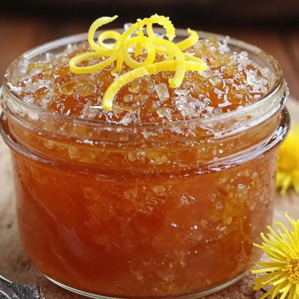 Delicious homemade dandelion jelly in a jar with fresh dandelions