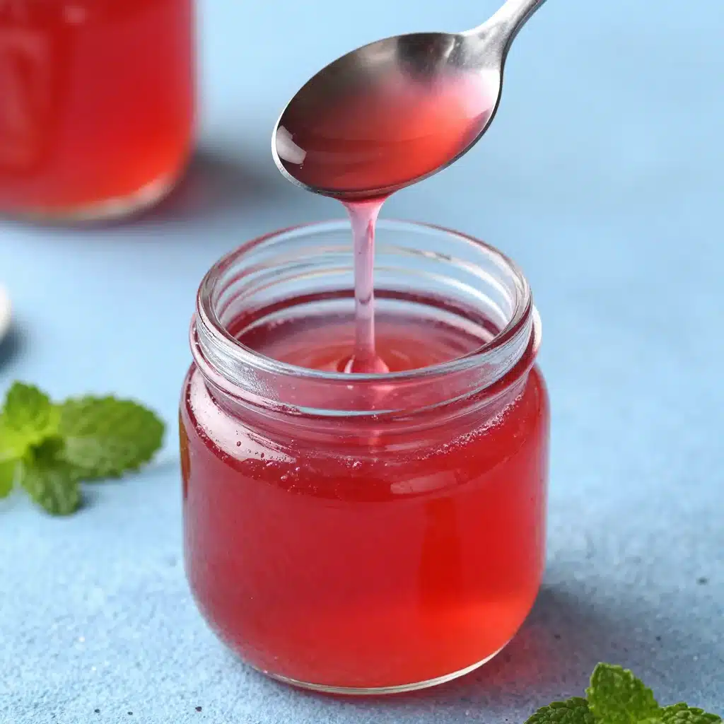 Homemade rhubarb simple syrup in a glass bottle with fresh rhubarb stalks