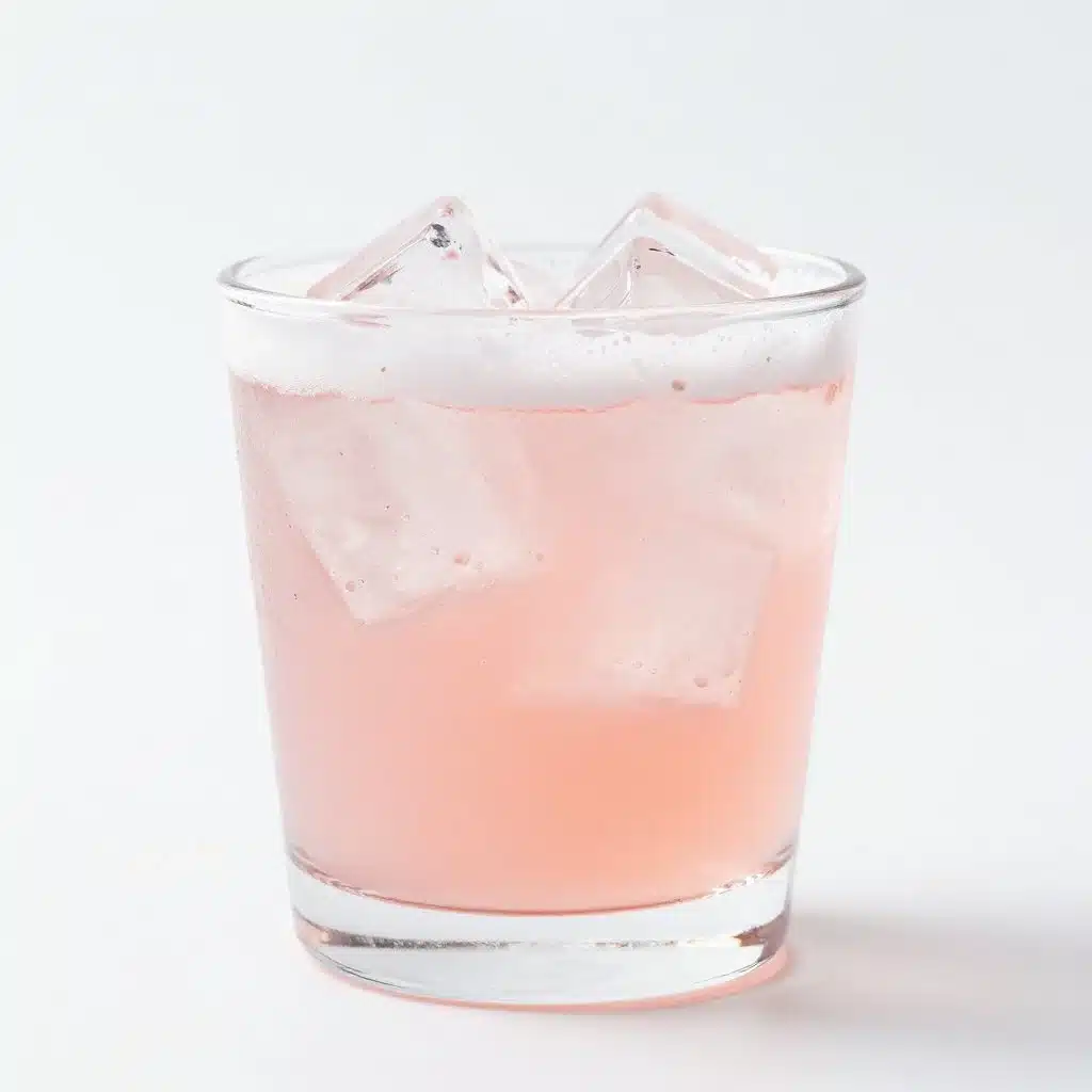 A glass of homemade rhubarb soda garnished with fresh rhubarb and ice.