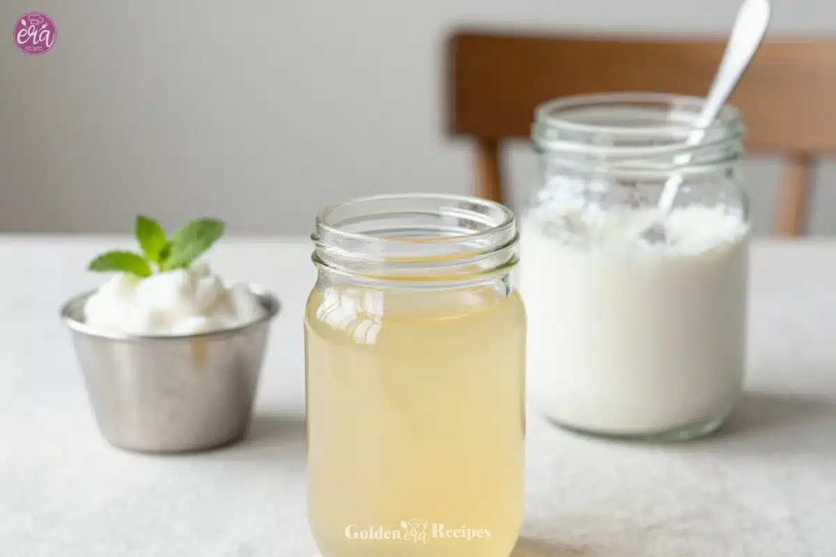 A bottle of homemade simple syrup with fresh mint leaves for garnish